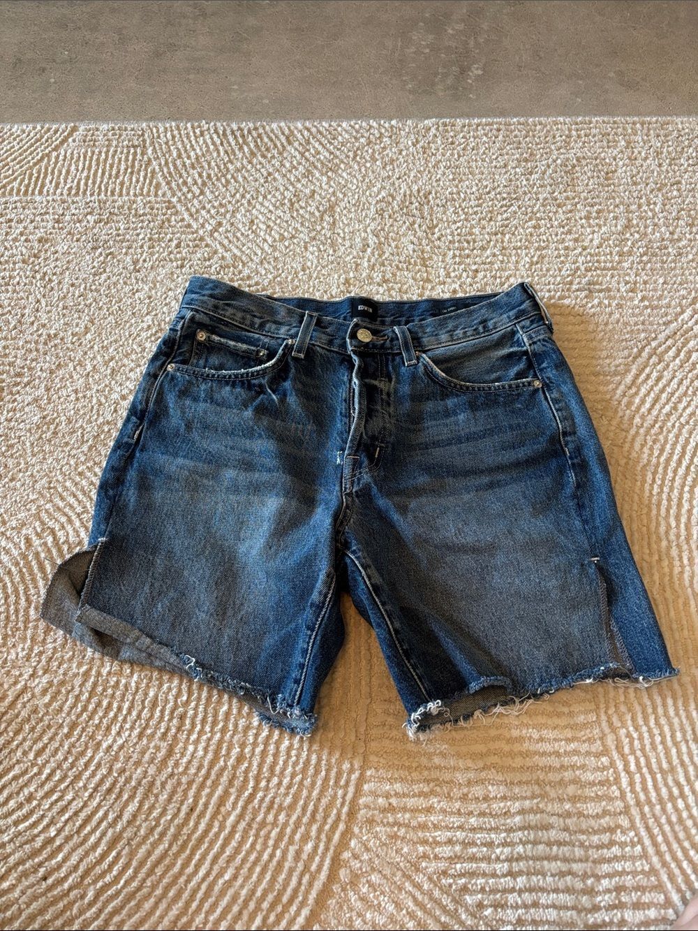 Edwin Dark Blue Denim Cutoff Shorts with Frayed Hem